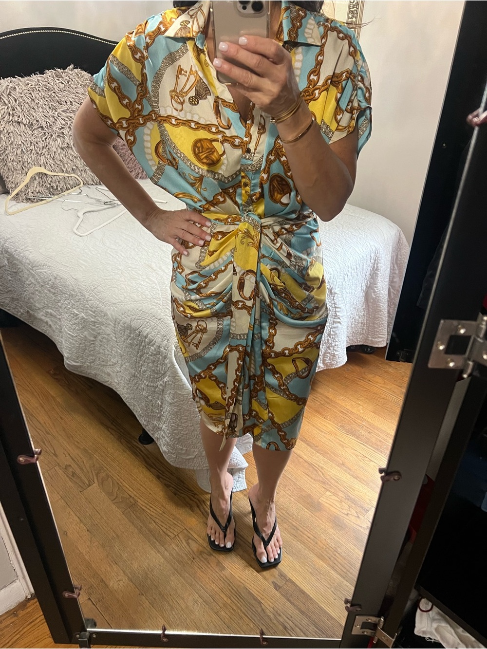 Miss Avenue Chain-Print Midi Shirt Dress in Yellow & Light Blue